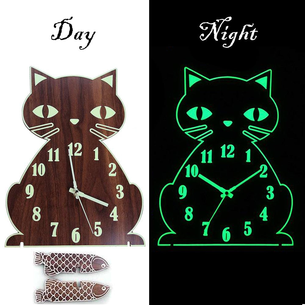 Cat themed wooden luminous wall clock2