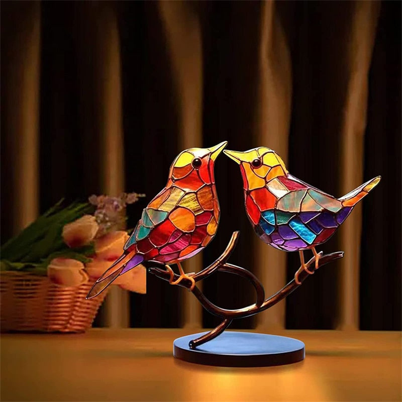 Stained Glass Birds on Branch Desktop Ornaments,Handmade Stained Glass Bird  Suncatche,Double Sided Multicolor Style Birds Colors Alloy