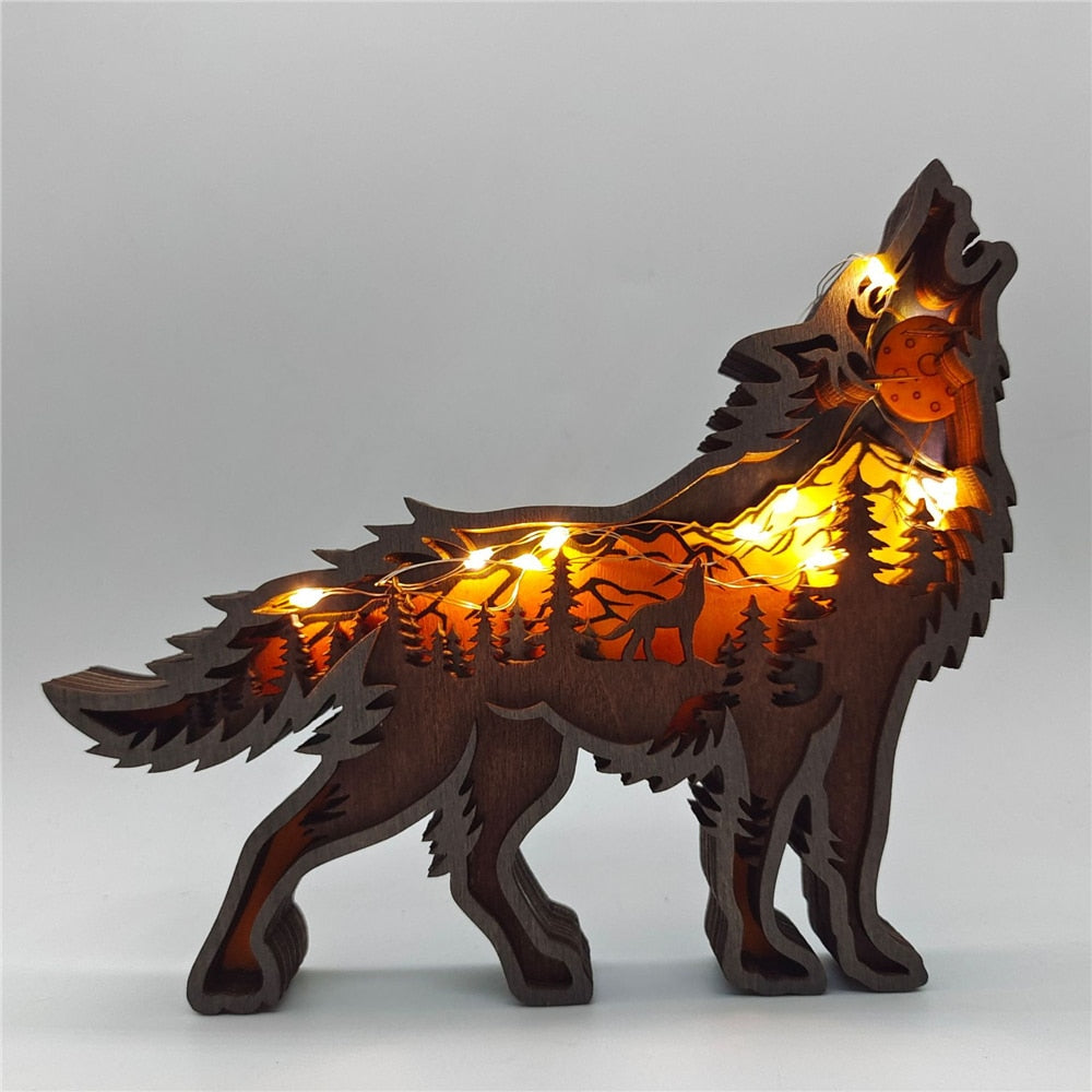 Wooden Hollow Wolf LED Ornament