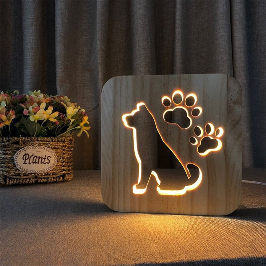 Wooden Dog Cat Night Light